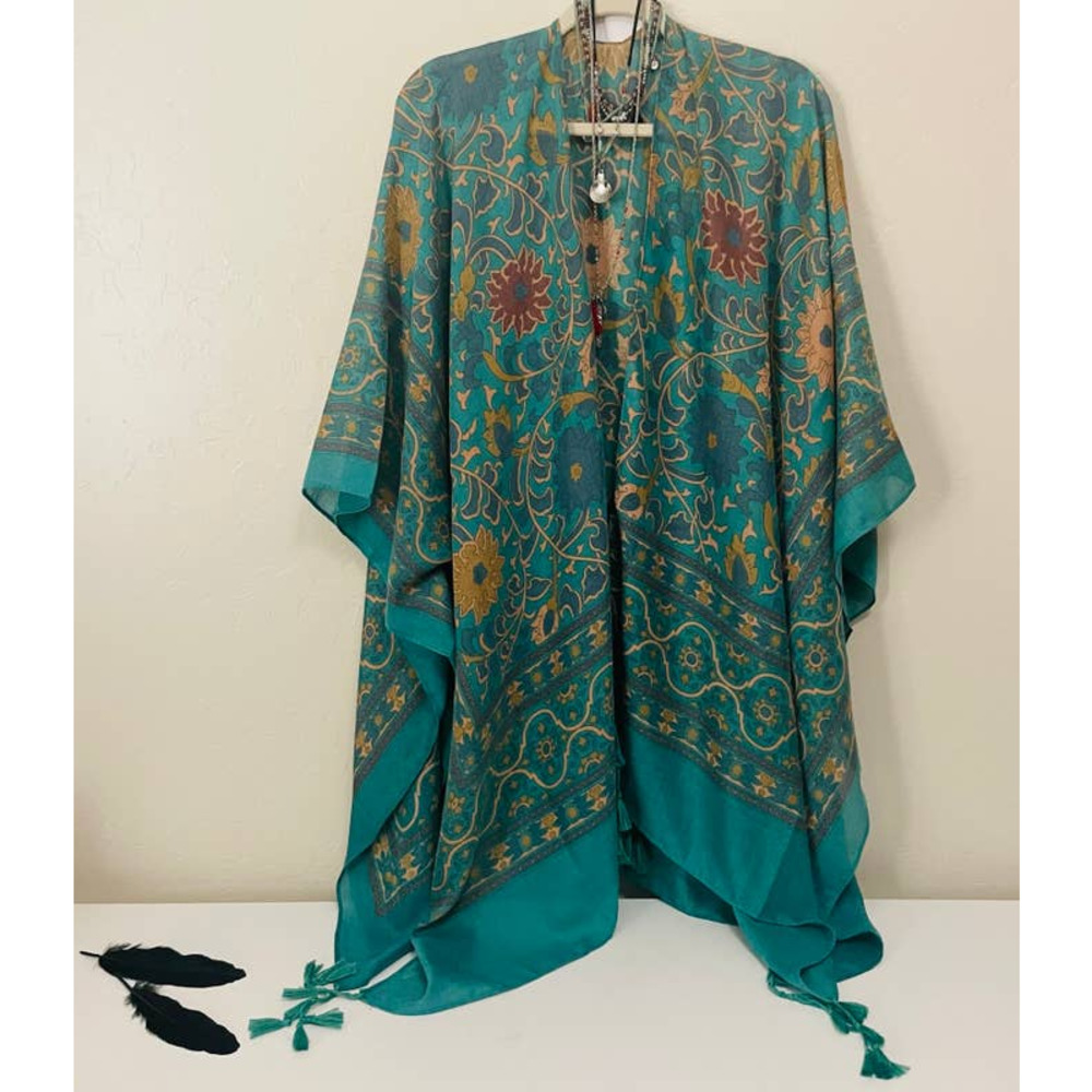 Teal Vintage Style Tassel Longline Maxi Bohemian Kimono